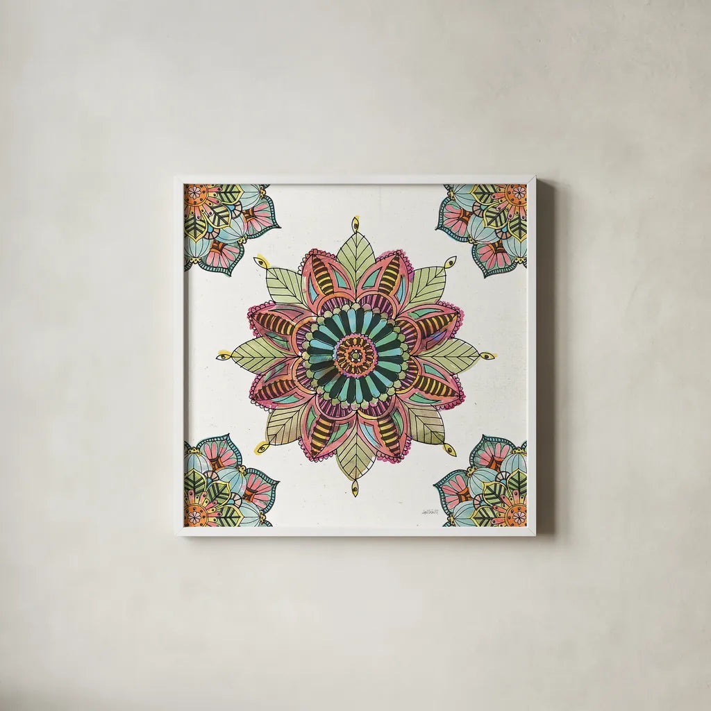 Mandala Morning VI by Anne Tavoletti. Shown in a crisp white glass frame for a clean and minimalist style. Available as an archival giclee rolled canvas, fine art paper, or poster print. SKU 34830a.