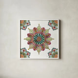 Mandala Morning VI by Anne Tavoletti. Shown in a crisp white glass frame for a clean and minimalist style. Available as an archival giclee rolled canvas, fine art paper, or poster print. SKU 34830a.