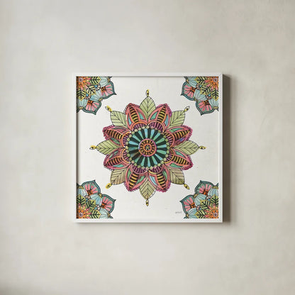 Mandala Morning VI by Anne Tavoletti. Shown in a crisp white glass frame for a clean and minimalist style. Available as an archival giclee rolled canvas, fine art paper, or poster print. SKU 34830a.
