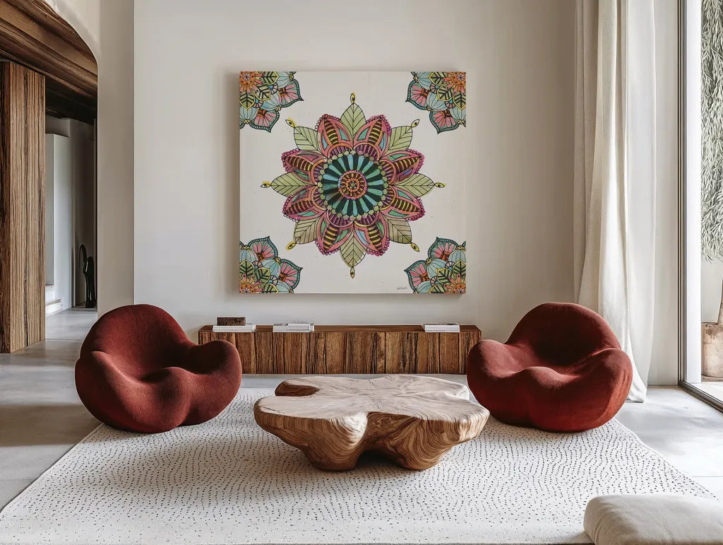 Mandala Morning VI by Anne Tavoletti. Shown as extra-large giant wall art in a modern living room. Available as an archival giclee rolled canvas, fine art paper, or poster print. SKU 34830a.