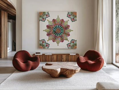 Mandala Morning VI by Anne Tavoletti. Shown as extra-large giant wall art in a modern living room. Available as an archival giclee rolled canvas, fine art paper, or poster print. SKU 34830a.