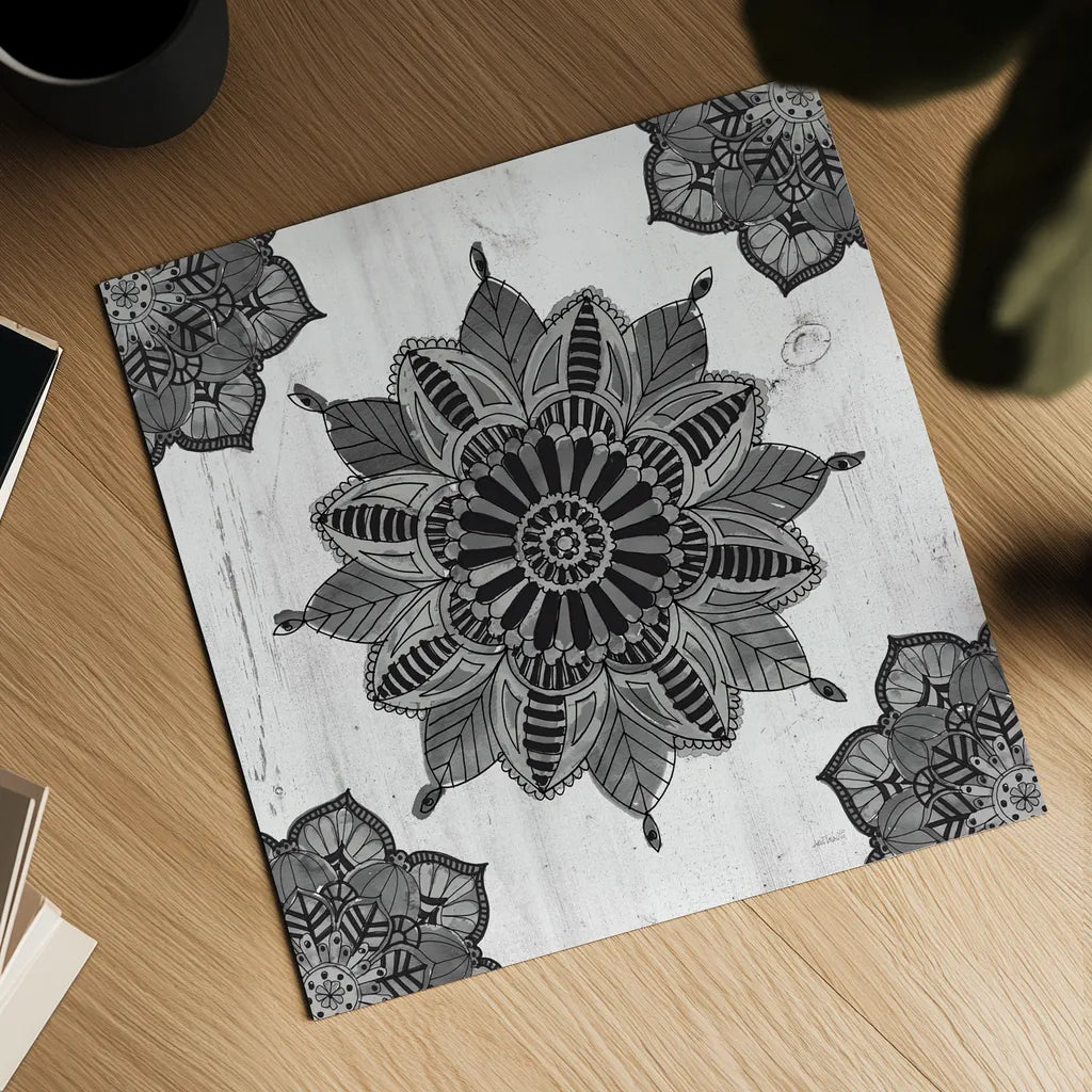 Mandala Morning VI BW by Anne Tavoletti. Shown as a detailed flat fine art print, highlighting archival giclee quality. Available as an archival giclee rolled canvas, fine art paper, or poster print. SKU 46610a.
