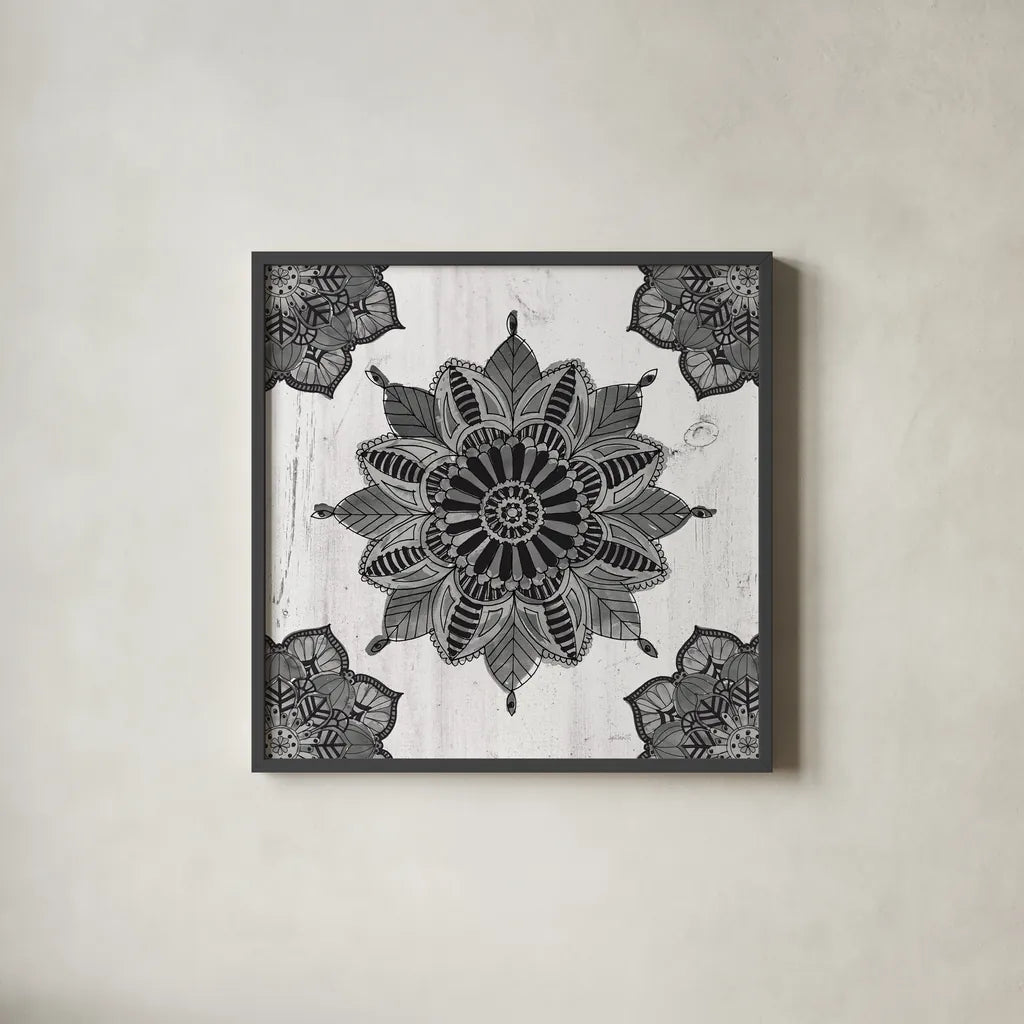Mandala Morning VI BW by Anne Tavoletti. Shown in a sleek black glass frame for a contemporary gallery look. Available as an archival giclee rolled canvas, fine art paper, or poster print. SKU 46610a.