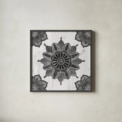 Mandala Morning VI BW by Anne Tavoletti. Shown in a sleek black glass frame for a contemporary gallery look. Available as an archival giclee rolled canvas, fine art paper, or poster print. SKU 46610a.