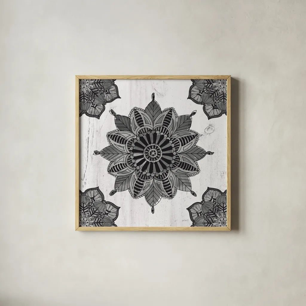 Mandala Morning VI BW by Anne Tavoletti. Shown in a natural wood glass frame for a timeless modern aesthetic. Available as an archival giclee rolled canvas, fine art paper, or poster print. SKU 46610a.