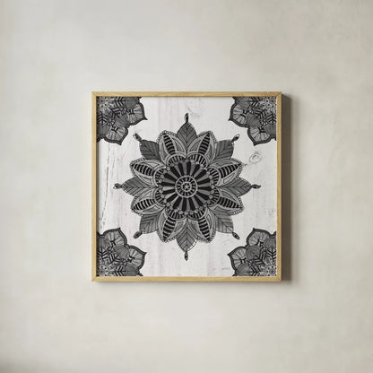 Mandala Morning VI BW by Anne Tavoletti. Shown in a natural wood glass frame for a timeless modern aesthetic. Available as an archival giclee rolled canvas, fine art paper, or poster print. SKU 46610a.