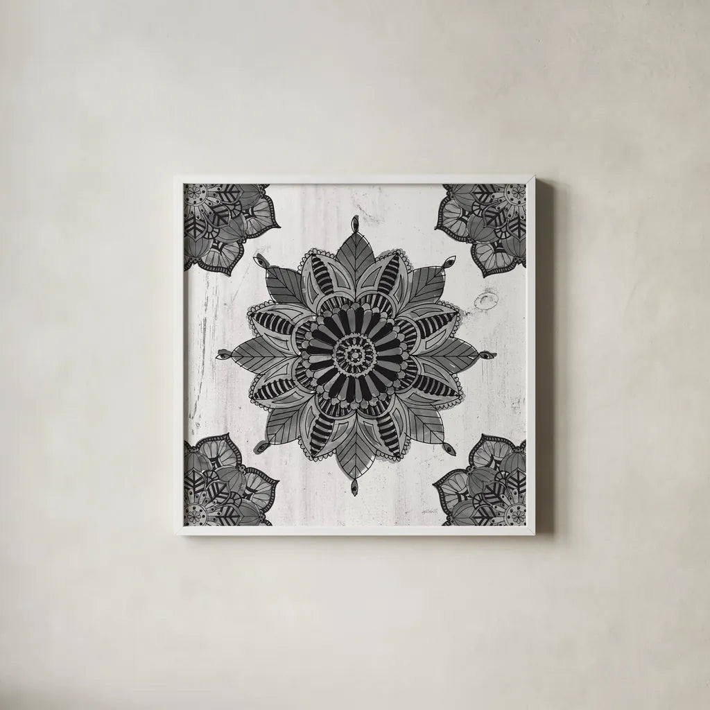 Mandala Morning VI BW by Anne Tavoletti. Shown in a crisp white glass frame for a clean and minimalist style. Available as an archival giclee rolled canvas, fine art paper, or poster print. SKU 46610a.
