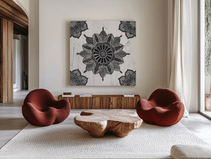 Mandala Morning VI BW by Anne Tavoletti. Shown as extra-large giant wall art in a modern living room. Available as an archival giclee rolled canvas, fine art paper, or poster print. SKU 46610a.