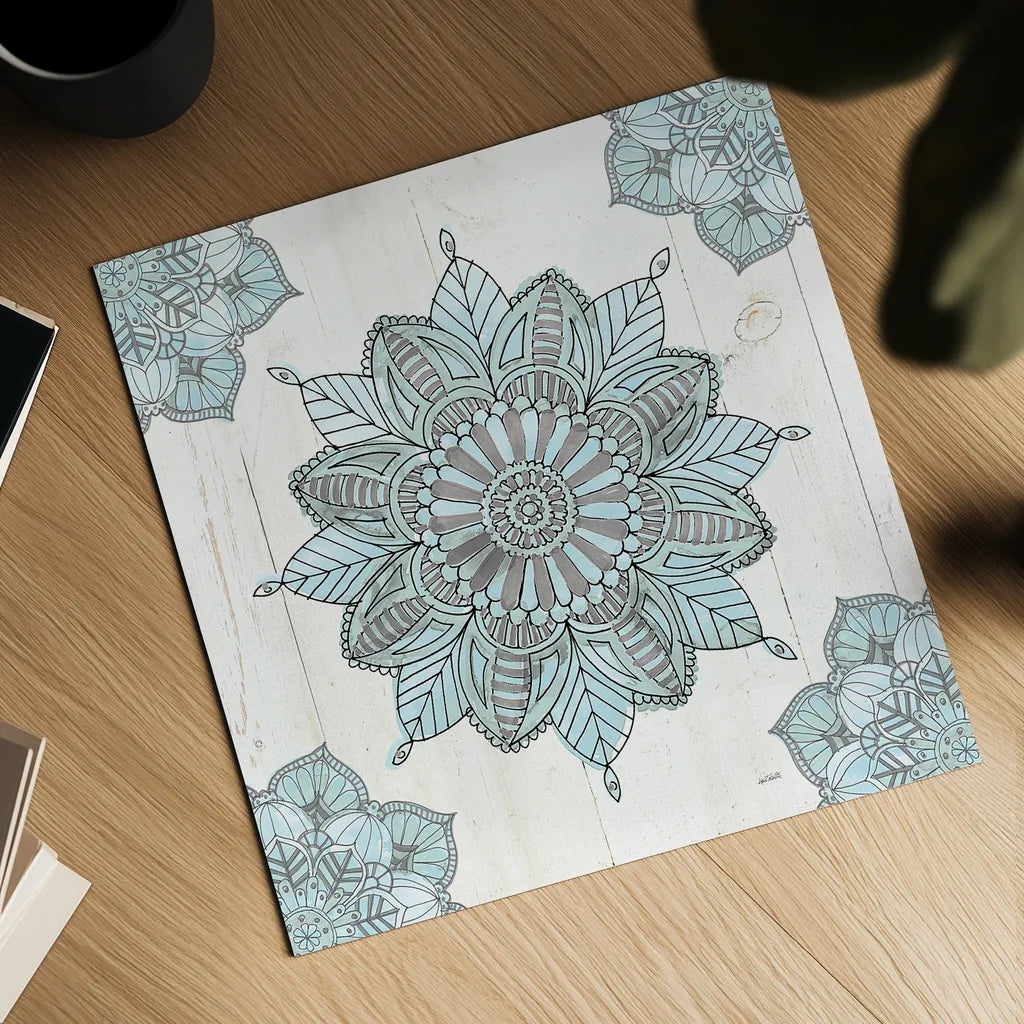 Mandala Morning VI Blue and Gray by Anne Tavoletti. Shown as a detailed flat fine art print, highlighting archival giclee quality. Available as an archival giclee rolled canvas, fine art paper, or poster print. SKU 34913a.