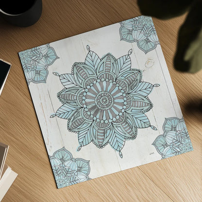 Mandala Morning VI Blue and Gray by Anne Tavoletti. Shown as a detailed flat fine art print, highlighting archival giclee quality. Available as an archival giclee rolled canvas, fine art paper, or poster print. SKU 34913a.