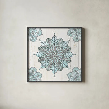 Mandala Morning VI Blue and Gray by Anne Tavoletti. Shown in a sleek black glass frame for a contemporary gallery look. Available as an archival giclee rolled canvas, fine art paper, or poster print. SKU 34913a.