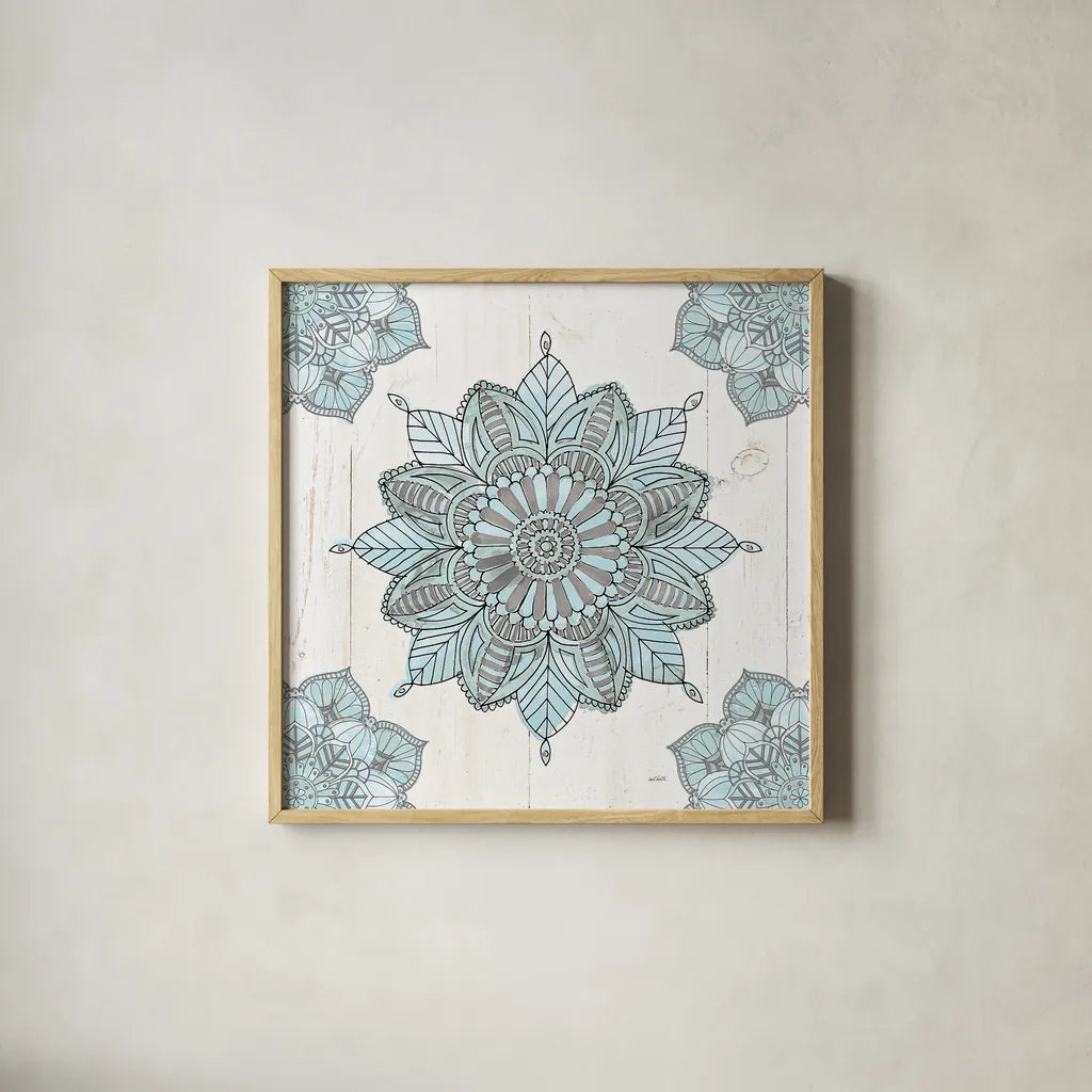 Mandala Morning VI Blue and Gray by Anne Tavoletti. Shown in a natural wood glass frame for a timeless modern aesthetic. Available as an archival giclee rolled canvas, fine art paper, or poster print. SKU 34913a.