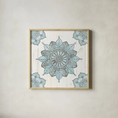 Mandala Morning VI Blue and Gray by Anne Tavoletti. Shown in a natural wood glass frame for a timeless modern aesthetic. Available as an archival giclee rolled canvas, fine art paper, or poster print. SKU 34913a.