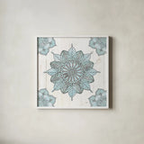 Mandala Morning VI Blue and Gray by Anne Tavoletti. Shown in a crisp white glass frame for a clean and minimalist style. Available as an archival giclee rolled canvas, fine art paper, or poster print. SKU 34913a.