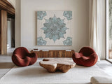 Mandala Morning VI Blue and Gray by Anne Tavoletti. Shown as extra-large giant wall art in a modern living room. Available as an archival giclee rolled canvas, fine art paper, or poster print. SKU 34913a.