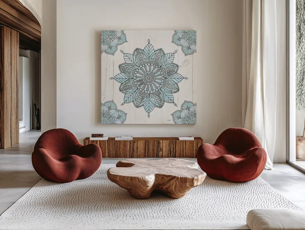 Mandala Morning VI Blue and Gray by Anne Tavoletti. Shown as extra-large giant wall art in a modern living room. Available as an archival giclee rolled canvas, fine art paper, or poster print. SKU 34913a.