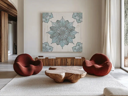 Mandala Morning VI Blue and Gray by Anne Tavoletti. Shown as extra-large giant wall art in a modern living room. Available as an archival giclee rolled canvas, fine art paper, or poster print. SKU 34913a.