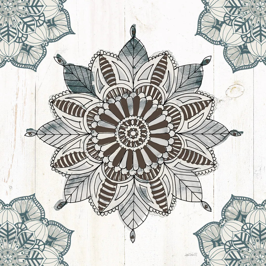 Mandala Morning VI Blue and Gray v2 by Anne Tavoletti. SKU 42245a. Archival Giclee Fine art print for wall decor.