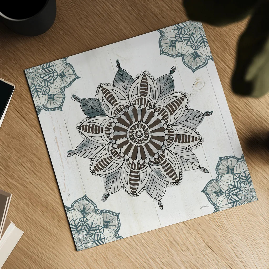 Mandala Morning VI Blue and Gray v2 by Anne Tavoletti. Shown as a detailed flat fine art print, highlighting archival giclee quality. Available as an archival giclee rolled canvas, fine art paper, or poster print. SKU 42245a.