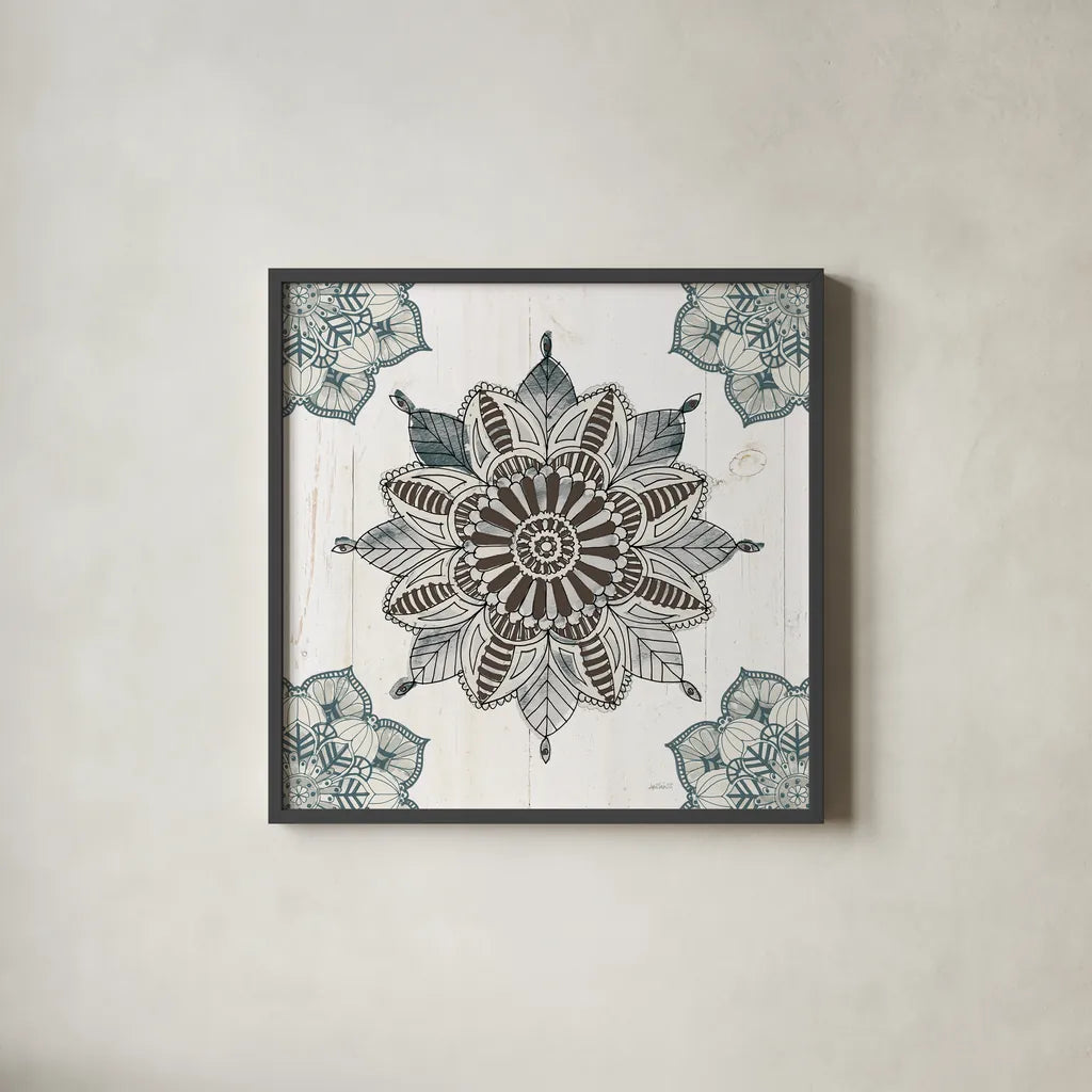 Mandala Morning VI Blue and Gray v2 by Anne Tavoletti. Shown in a sleek black glass frame for a contemporary gallery look. Available as an archival giclee rolled canvas, fine art paper, or poster print. SKU 42245a.