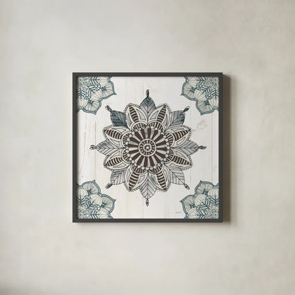 Mandala Morning VI Blue and Gray v2 by Anne Tavoletti. Shown in a sleek black glass frame for a contemporary gallery look. Available as an archival giclee rolled canvas, fine art paper, or poster print. SKU 42245a.