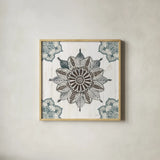 Mandala Morning VI Blue and Gray v2 by Anne Tavoletti. Shown in a natural wood glass frame for a timeless modern aesthetic. Available as an archival giclee rolled canvas, fine art paper, or poster print. SKU 42245a.
