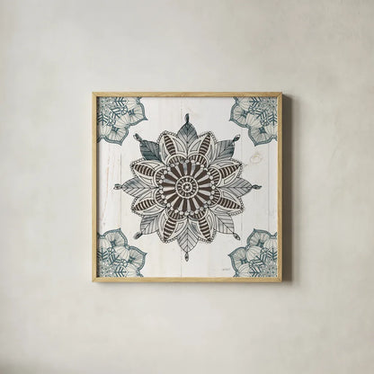 Mandala Morning VI Blue and Gray v2 by Anne Tavoletti. Shown in a natural wood glass frame for a timeless modern aesthetic. Available as an archival giclee rolled canvas, fine art paper, or poster print. SKU 42245a.