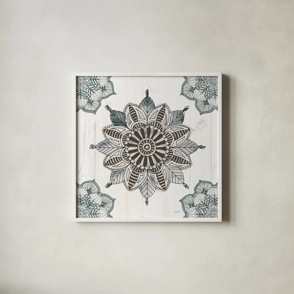 Mandala Morning VI Blue and Gray v2 by Anne Tavoletti. Shown in a crisp white glass frame for a clean and minimalist style. Available as an archival giclee rolled canvas, fine art paper, or poster print. SKU 42245a.