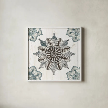 Mandala Morning VI Blue and Gray v2 by Anne Tavoletti. Shown in a crisp white glass frame for a clean and minimalist style. Available as an archival giclee rolled canvas, fine art paper, or poster print. SKU 42245a.