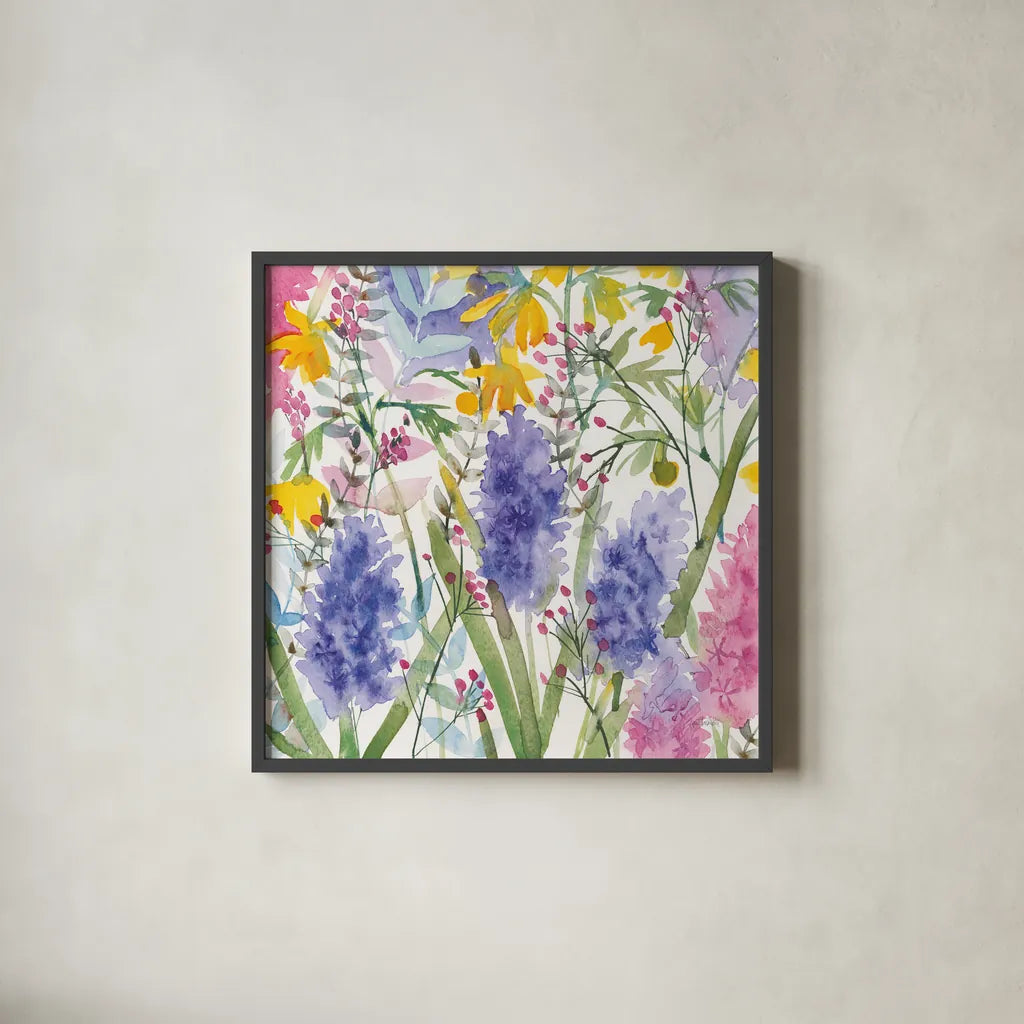 March Flowers by Anne Tavoletti. Shown in a sleek black glass frame for a contemporary gallery look. Available as an archival giclee rolled canvas, fine art paper, or poster print. SKU 59348a.