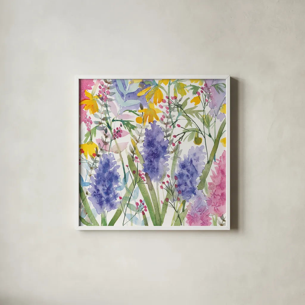 March Flowers by Anne Tavoletti. Shown in a crisp white glass frame for a clean and minimalist style. Available as an archival giclee rolled canvas, fine art paper, or poster print. SKU 59348a.