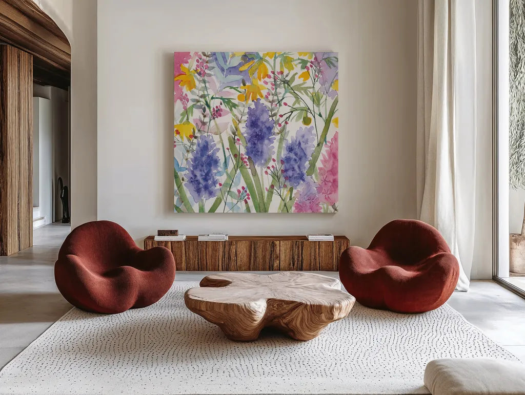 March Flowers by Anne Tavoletti. Shown as extra-large giant wall art in a modern living room. Available as an archival giclee rolled canvas, fine art paper, or poster print. SKU 59348a.