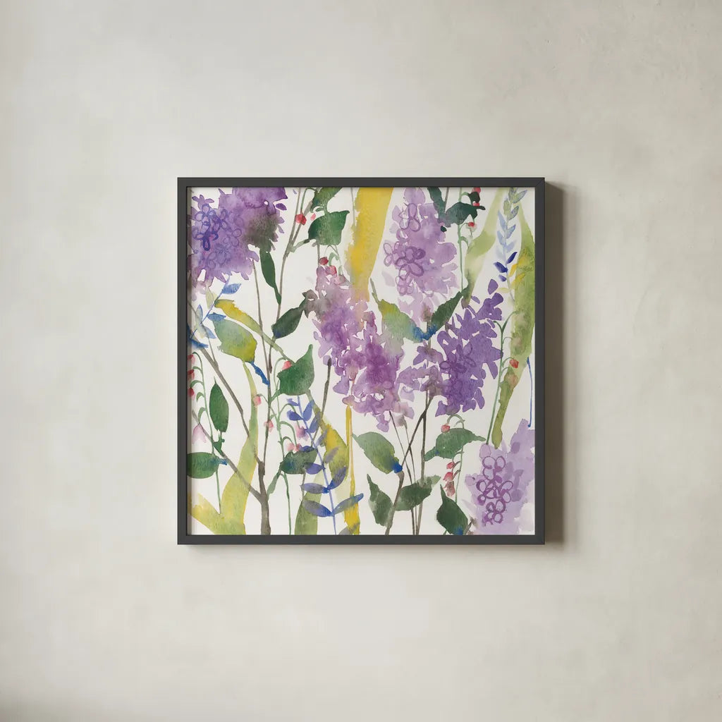 May Flowers by Anne Tavoletti. Shown in a sleek black glass frame for a contemporary gallery look. Available as an archival giclee rolled canvas, fine art paper, or poster print. SKU 59349a.
