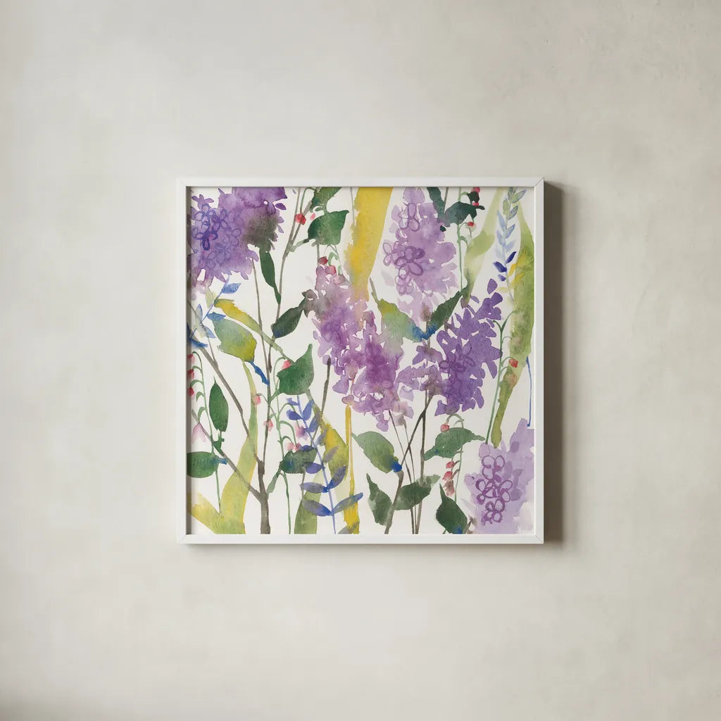May Flowers by Anne Tavoletti. Shown in a crisp white glass frame for a clean and minimalist style. Available as an archival giclee rolled canvas, fine art paper, or poster print. SKU 59349a.