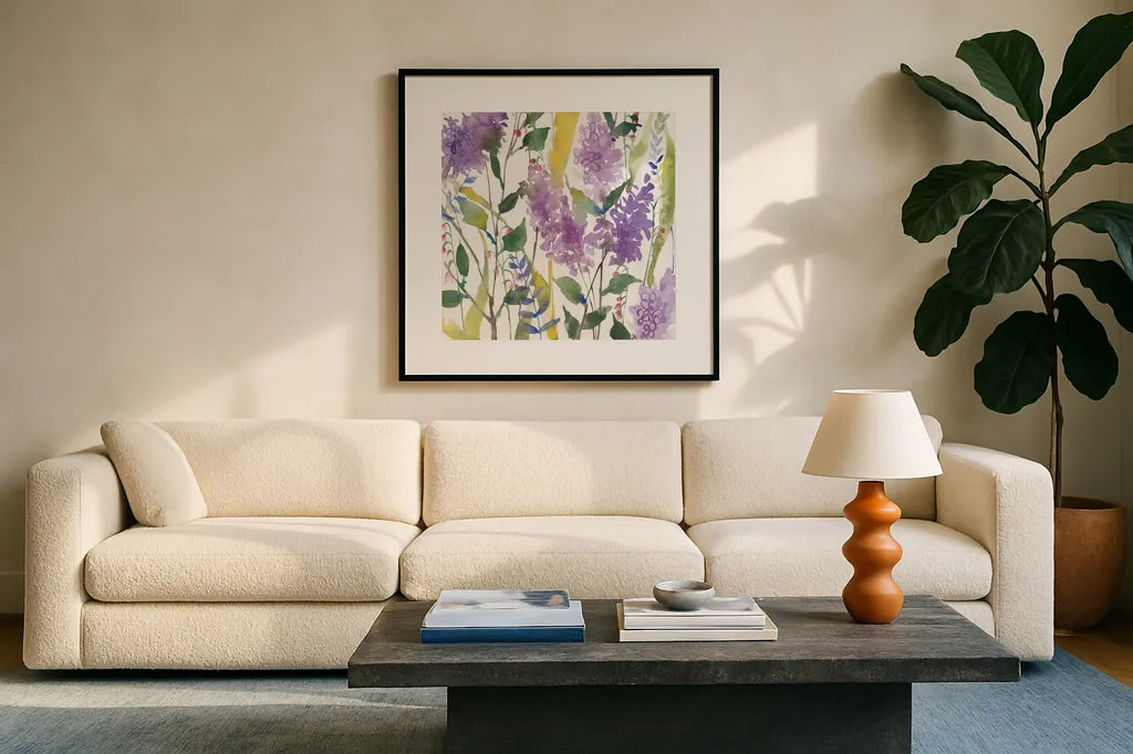 May Flowers by Anne Tavoletti. Displayed in a glass frame with matte in a clean modern living room. Available as an archival giclee rolled canvas, fine art paper, or poster print. SKU 59349a.