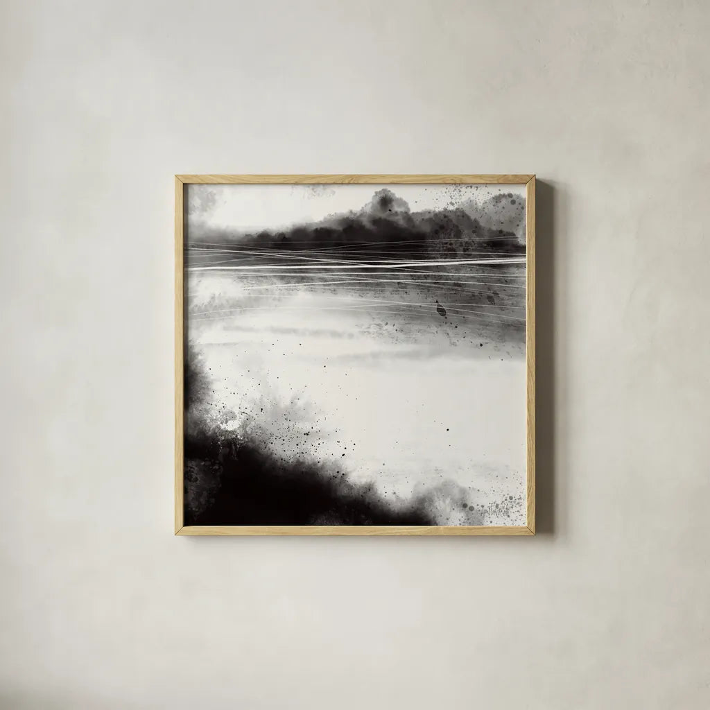 Misty Landscape I by Anne Tavoletti. Shown in a natural wood glass frame for a timeless modern aesthetic. Available as an archival giclee rolled canvas, fine art paper, or poster print. SKU 77911a.
