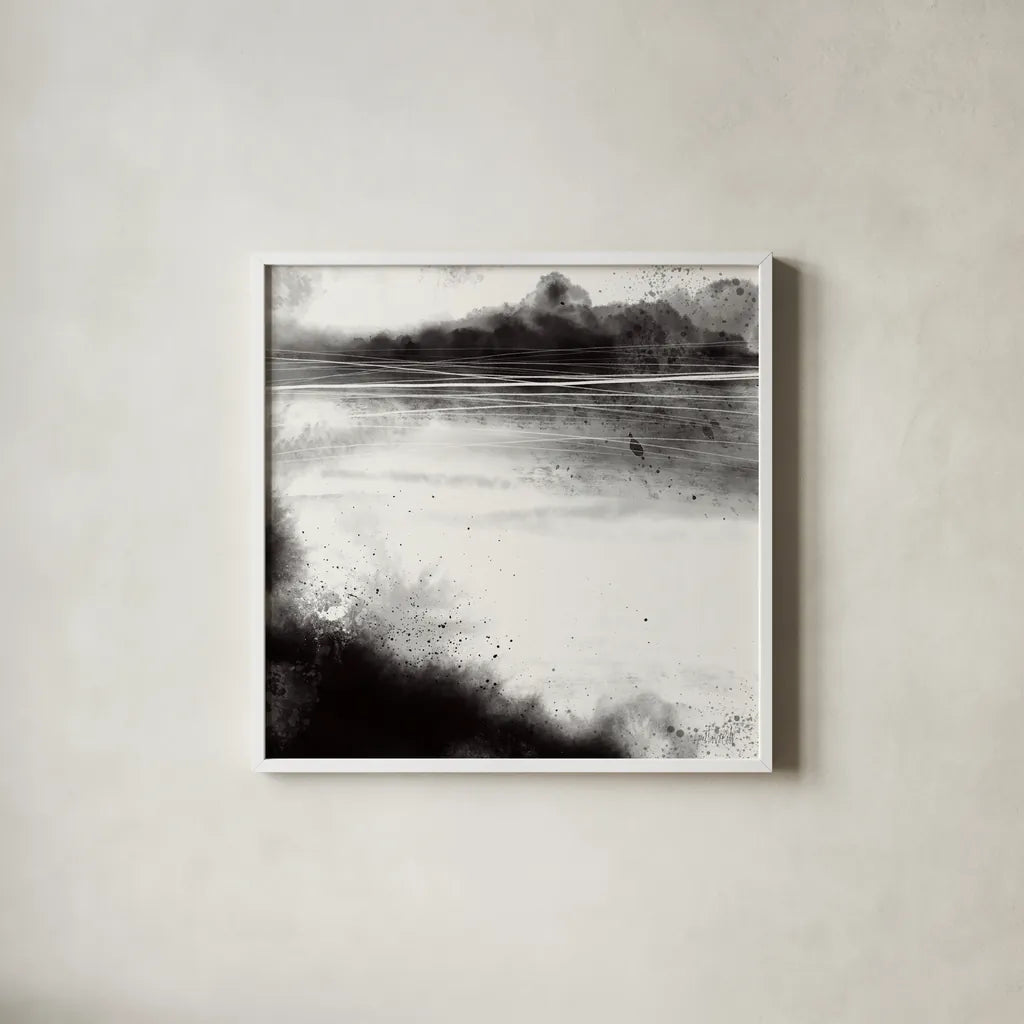 Misty Landscape I by Anne Tavoletti. Shown in a crisp white glass frame for a clean and minimalist style. Available as an archival giclee rolled canvas, fine art paper, or poster print. SKU 77911a.