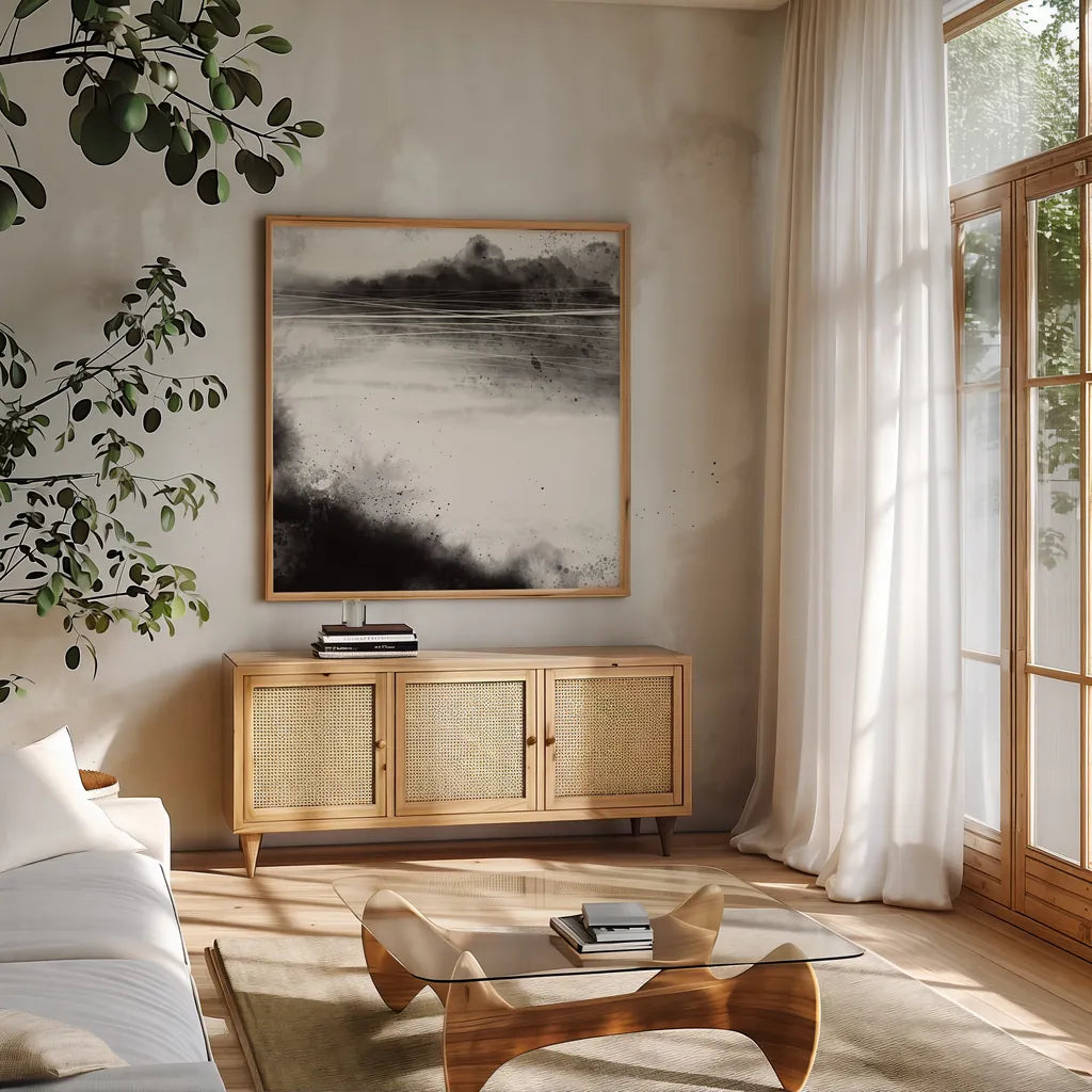 Misty Landscape I by Anne Tavoletti. Shown in a natural wood frame in a cozy modern living room. Available as an archival giclee rolled canvas, fine art paper, or poster print. SKU 77911a.