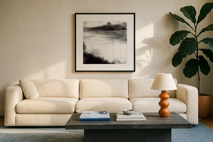 Misty Landscape I by Anne Tavoletti. Displayed in a glass frame with matte in a clean modern living room. Available as an archival giclee rolled canvas, fine art paper, or poster print. SKU 77911a.