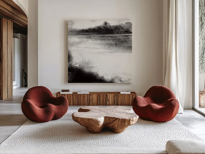 Misty Landscape I by Anne Tavoletti. Shown as extra-large giant wall art in a modern living room. Available as an archival giclee rolled canvas, fine art paper, or poster print. SKU 77911a.