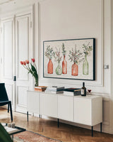 Modern Farmhouse I Christmas by Anne Tavoletti. shown as a framed stretched canvas in a living room above a console. Available as a archival giclee rolled canvas, fine art paper, or poster print. SKU 48224i.