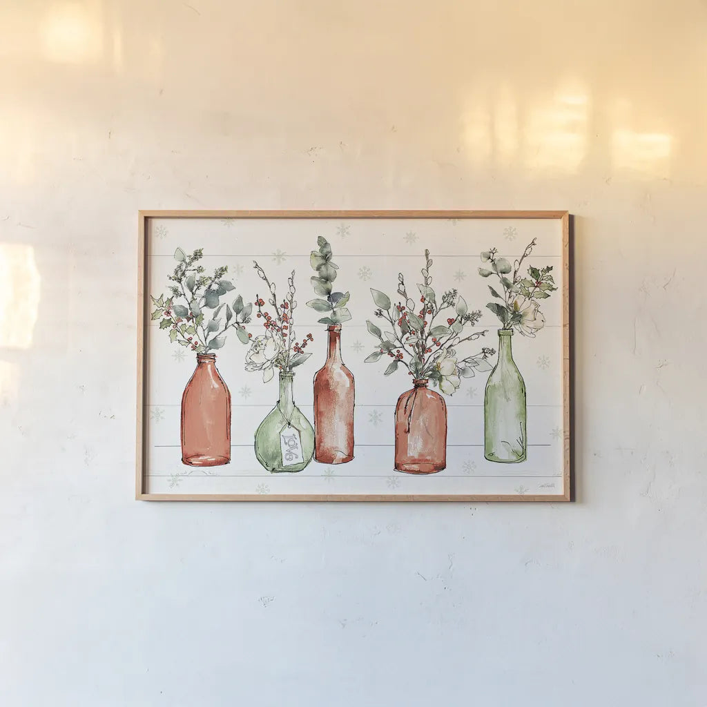Modern Farmhouse I Christmas by Anne Tavoletti. shown as a paper print in a natural frame. Available as a archival giclee rolled canvas, fine art paper, or poster print. SKU 48224i.