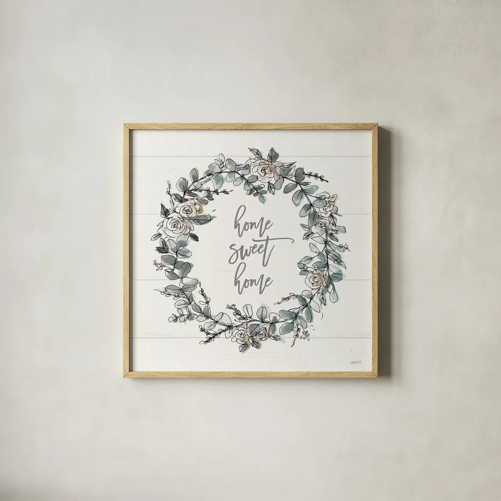 Modern Farmhouse VI Home Sweet Home by Anne Tavoletti. Shown in a natural wood glass frame for a timeless modern aesthetic. Available as an archival giclee rolled canvas, fine art paper, or poster print. SKU 49894a.