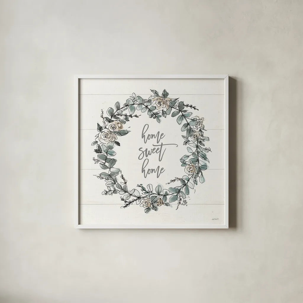 Modern Farmhouse VI Home Sweet Home by Anne Tavoletti. Shown in a crisp white glass frame for a clean and minimalist style. Available as an archival giclee rolled canvas, fine art paper, or poster print. SKU 49894a.