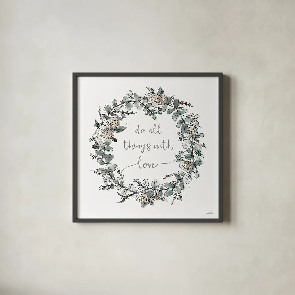 Modern Farmhouse VI on White by Anne Tavoletti. Shown in a sleek black glass frame for a contemporary gallery look. Available as an archival giclee rolled canvas, fine art paper, or poster print. SKU 49965a.