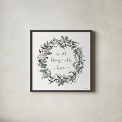 Modern Farmhouse VI on White by Anne Tavoletti. Shown in a sleek black glass frame for a contemporary gallery look. Available as an archival giclee rolled canvas, fine art paper, or poster print. SKU 49965a.