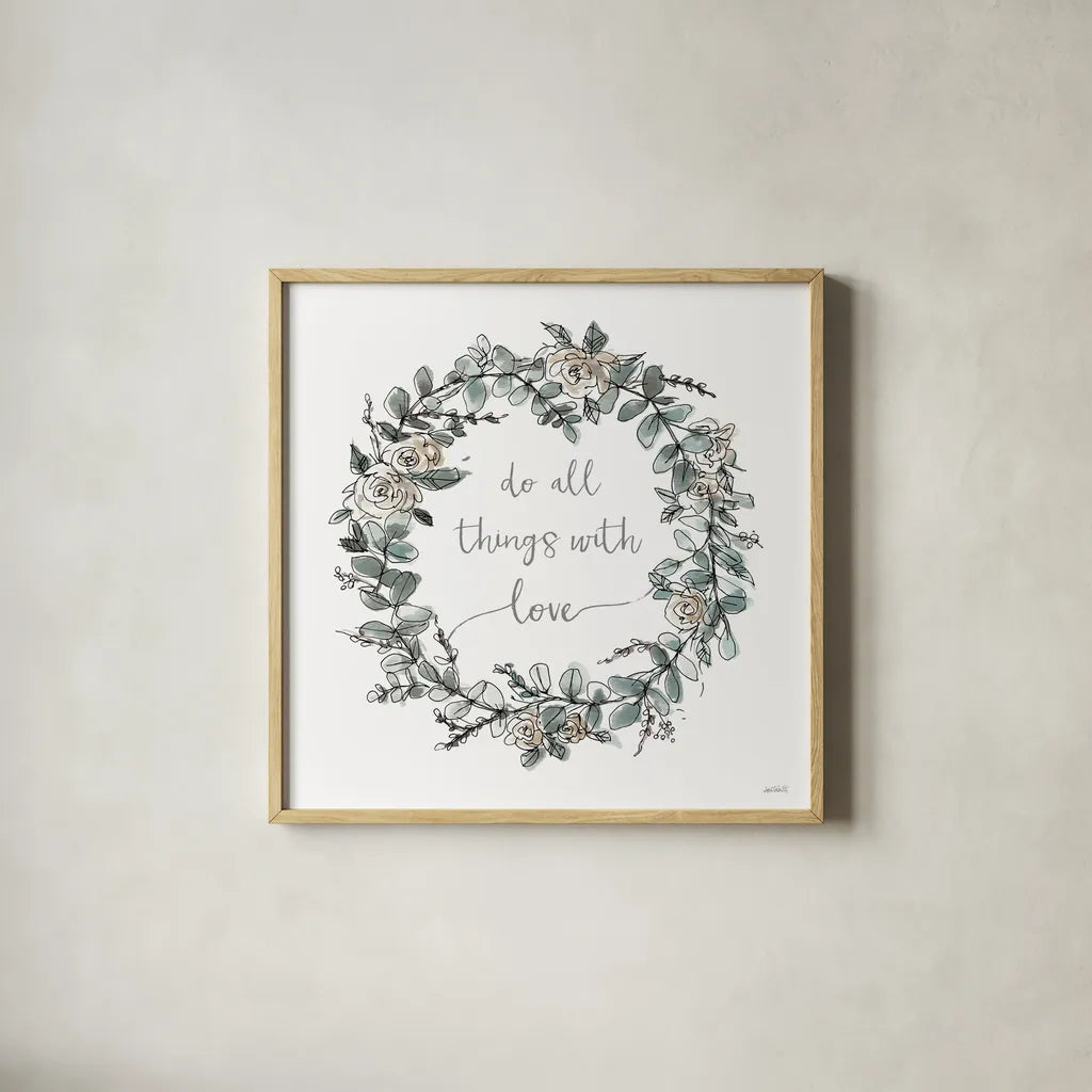 Modern Farmhouse VI on White by Anne Tavoletti. Shown in a natural wood glass frame for a timeless modern aesthetic. Available as an archival giclee rolled canvas, fine art paper, or poster print. SKU 49965a.