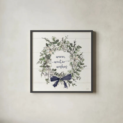 Modern Farmhouse VII Christmas Navy Bow by Anne Tavoletti. Shown in a sleek black glass frame for a contemporary gallery look. Available as an archival giclee rolled canvas, fine art paper, or poster print. SKU 59713a.