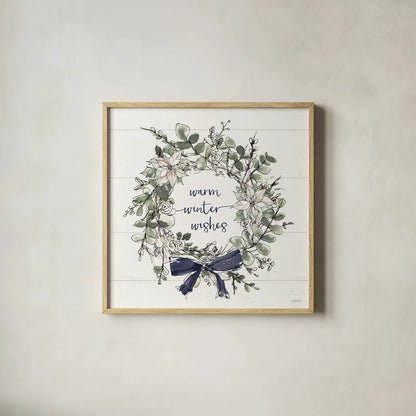 Modern Farmhouse VII Christmas Navy Bow by Anne Tavoletti. Shown in a natural wood glass frame for a timeless modern aesthetic. Available as an archival giclee rolled canvas, fine art paper, or poster print. SKU 59713a.