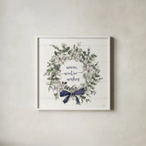 Modern Farmhouse VII Christmas Navy Bow by Anne Tavoletti. Shown in a crisp white glass frame for a clean and minimalist style. Available as an archival giclee rolled canvas, fine art paper, or poster print. SKU 59713a.